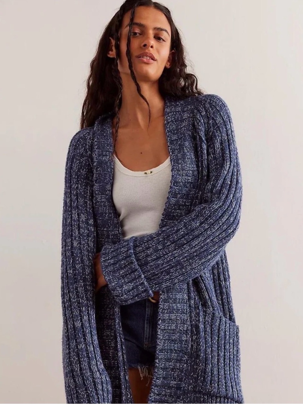 Free People Blossom Marled Navy Open-Front Ribbed Cardigan